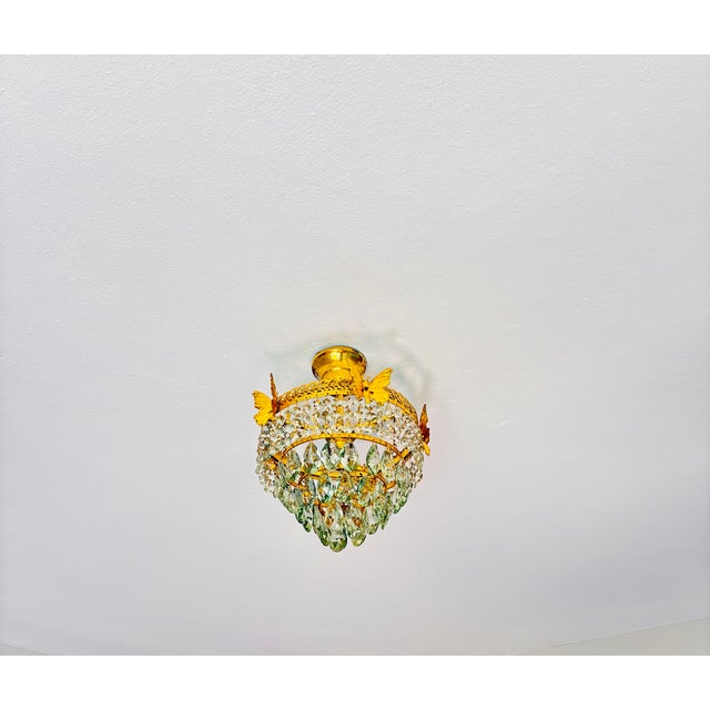 Brass Vintage Brass Butterfly Flush Mount Light, Vintage Hand-Painted Light Green Crystal Basket Chandelier, Dramatic Radial Shadow Display For Sale - Image 8 of 15
