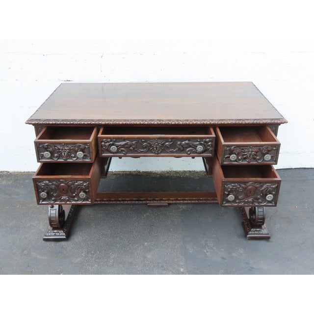 Late 1800s Victorian Large Heavy Hand Carved Cherub Partner Desk 6656 For Sale - Image 15 of 17