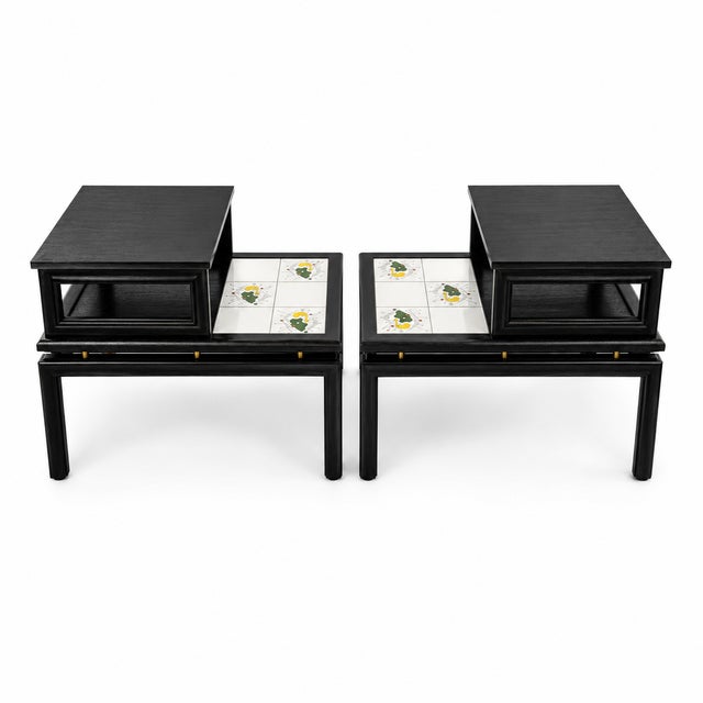 Mid-Century Modern Pair of MCM Ebonized Wood End Tables With “The Tilers” Ceramic Tiles, C. 1960. For Sale - Image 3 of 6