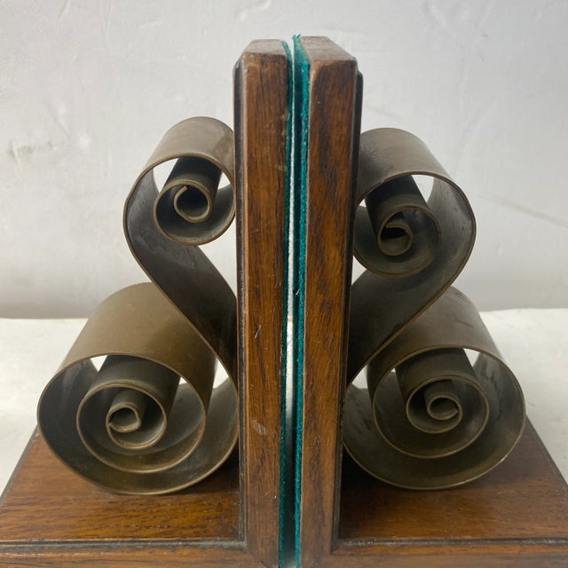 Wood 1940s Art Deco Style Bookends With Brass Metal Scroll Motif - a Pair For Sale - Image 7 of 9