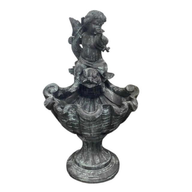 Neoclassical Vintage Neoclassical Bronze Cherub Riding Dolphin Shell Basin Fountain For Sale - Image 3 of 12