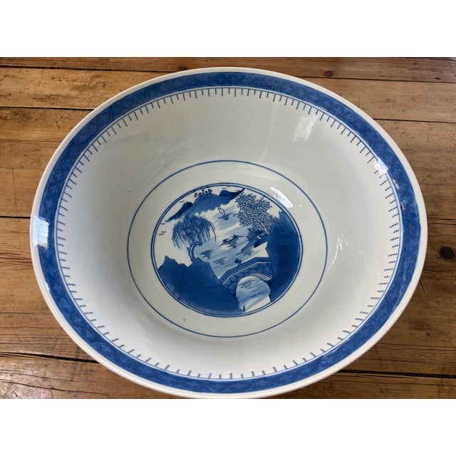 Ceramic Large Chinese Export Porcelain Canton Blue and White Centerpiece Punch Bowl For Sale - Image 7 of 7