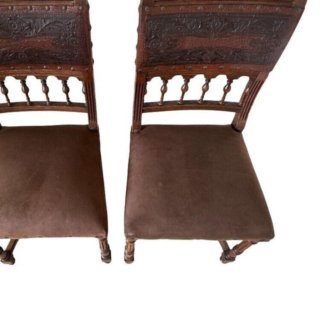 Antique 19th Century French Henry II Style Walnut Dining/Side/Accent Chairs With Suede Upholstery - Set of 2 For Sale - Image 4 of 11