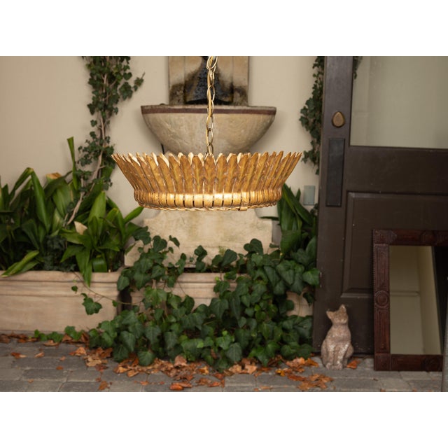 Metal Vintage Spanish Gilt Metal Crown Chandelier with Frosted Glass and Leaf Motifs For Sale - Image 7 of 12