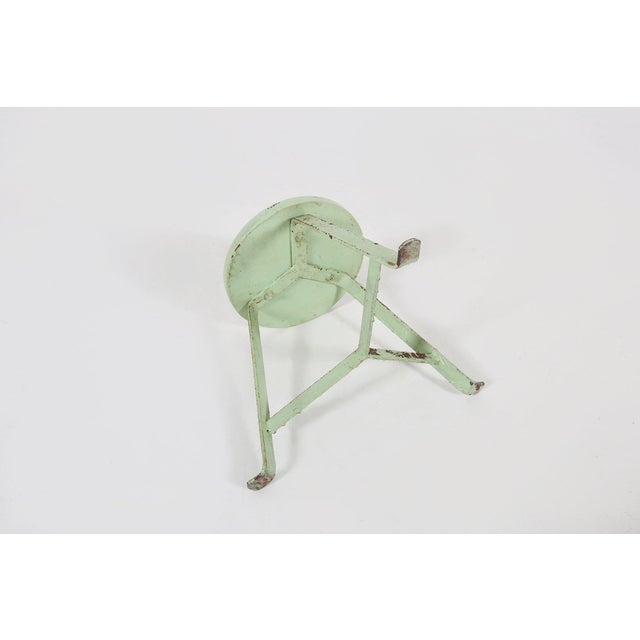 Aqua Industrial Green Painted Stool with Steel Base and Wooden Top, 1930s For Sale - Image 8 of 9