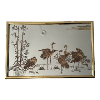 Vintage 1980s Sharon Concept by Reliable Mfg. Co. Gold Etched Crane & Bamboo Wall Mirror — Chinoiserie Style For Sale