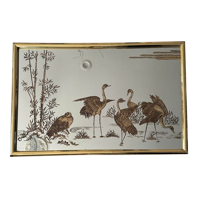 Vintage 1980s Sharon Concept by Reliable Mfg. Co. Gold Etched Crane & Bamboo Wall Mirror — Chinoiserie Style For Sale