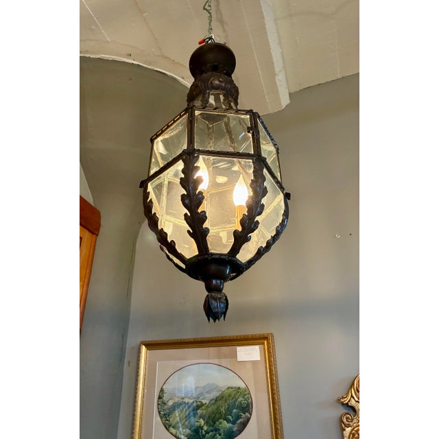 French Antique Lantern-Shaped Ceiling Fixture With Three Arm Light Source Within For Sale - Image 3 of 11