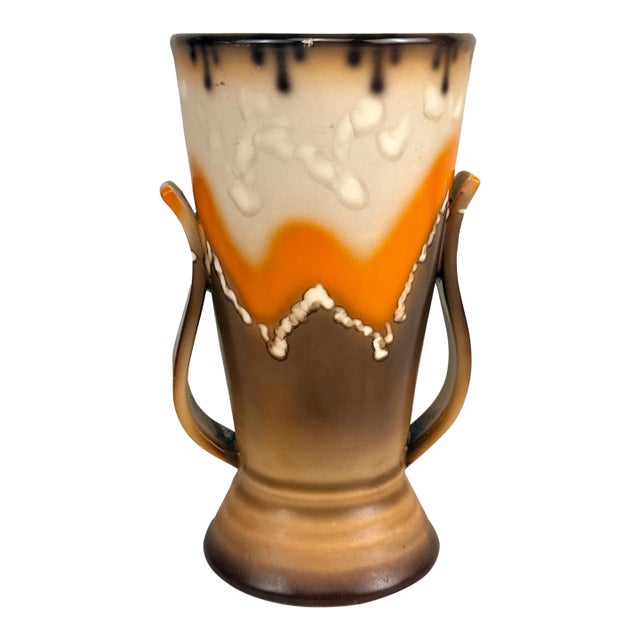 Mid-Century Art Deco Czech Pottery Orange Brown Mountain Glazed Vase For Sale
