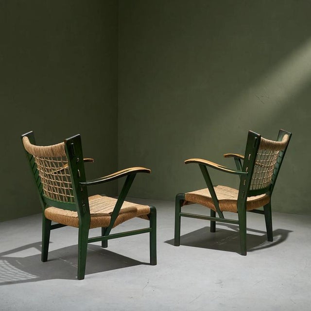 Green Lacquered Chestnut and Papercord I due forni Firenze Armchairs, Italy, Set of 2 For Sale - Image 4 of 10