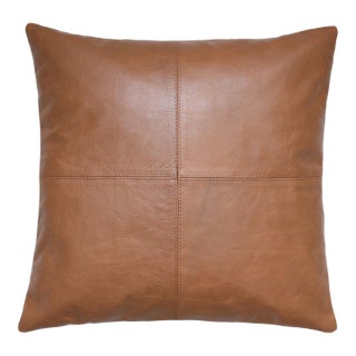 Luxury Camel Brown Genuine Leather Throw Pillow 18x18 | Handmade Modern Leather Cushion For Sale