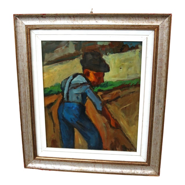 Piero Leo, Farmer with Scythe, 1974, Oil Painting on Hardboard, Framed For Sale