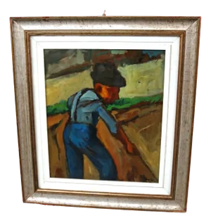 Piero Leo, Farmer with Scythe, 1974, Oil Painting on Hardboard, Framed