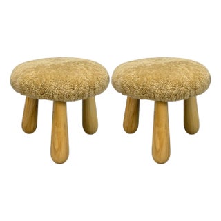 Danish Modern Style, Honey Sheepskin, Maple, Shearling Footstools, 21st Century- Set of 2 For Sale