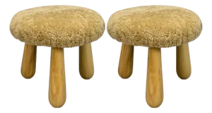 Danish Modern Style, Honey Sheepskin, Maple, Shearling Footstools, 21st Century- Set of 2