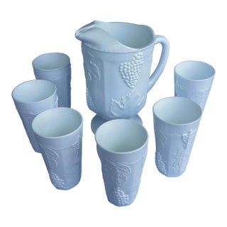 Mid-Century Indiana Heavy Milk Glass Paneled Colony Harvest Grape Vine Pitcher & Tumblers Set- 7 Pieces For Sale