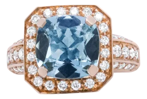 18K Rose Gold 10x10mm Cushion Shaped Aquamarine and 1 1/8 Cttw Round Diamond Halo Ring (F-G Color, V