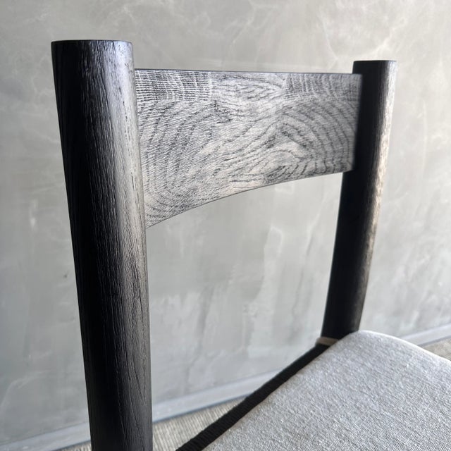 Solid Ebonzied White Oak Dining Chair With Woven Seat and Linen Cushion For Sale In Los Angeles - Image 6 of 8