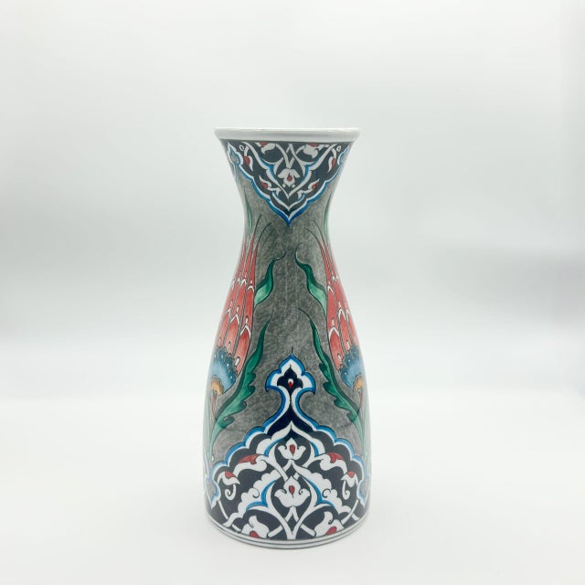 2020s Handmade Ceramic Conical Vase (25cm) – Antique Stone Texture & Red Tulip Pattern – Vintage Style Decor For Sale - Image 5 of 8