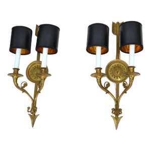 Pair, Maison Baguès Bronze Arrow Sconces 2 Lights, Wall Lamp French Neoclassical