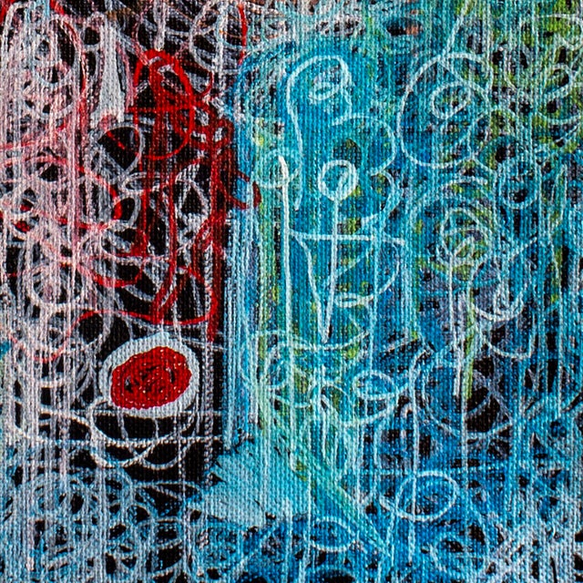 Blue Flowers in a Dreamy Field — Abstract Expressionist Painting, Acrylics and Oil Markers on Cardboard, 24 × 36 In For Sale - Image 4 of 5
