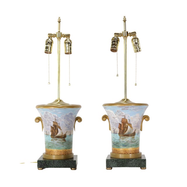 Vintage Hand-Painted Nautical-Themed Wooden Urn-Shaped Table Lamps - Pair For Sale - Image 12 of 12