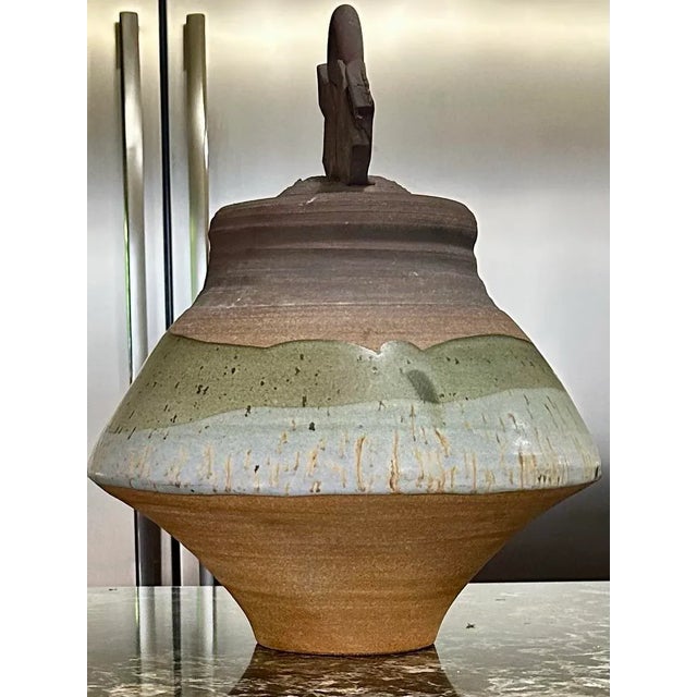 Large Vintage Lidded Vessel, Signed, Hand-Thrown Pottery in Nature’s Colors, Glazed Around Outside Center and Inside Pot and Lid, Earthen-Ware Jar For Sale - Image 4 of 12