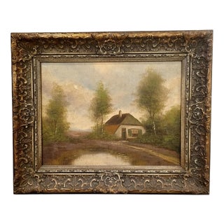 Dutch Artist, Landscape with Cottage and Pond, 1930s, Oil on Canvas, Framed For Sale