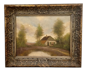 Dutch Artist, Landscape with Cottage and Pond, 1930s, Oil on Canvas, Framed