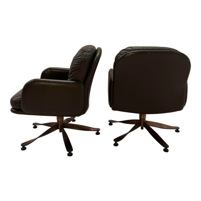 Brown Leather and Brass Propeller Base Arm Chairs by Mueller Furniture For Sale