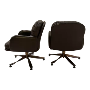 Brown Leather and Brass Propeller Base Arm Chairs by Mueller Furniture