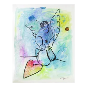 Angel With Heart Ii, Avi Farin Watercolor on Paper, Signed L.r.