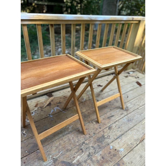 Burnt Orange Vintage Mid-Century Modern Dolphin Teak Folding Tv Tray Tables (Set) For Sale - Image 8 of 11