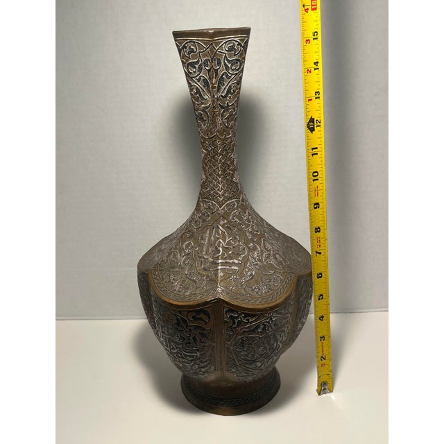 Copper 19th Century Ottoman Empire Mamluk Revival Copper With Silver Inlay Vase 15.5"h For Sale - Image 8 of 9