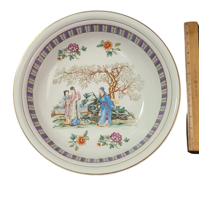 Chinoiserie Vintage Chinoiserie Famille Rose Hand Painted Figural Large Serving Bowl For Sale - Image 3 of 11