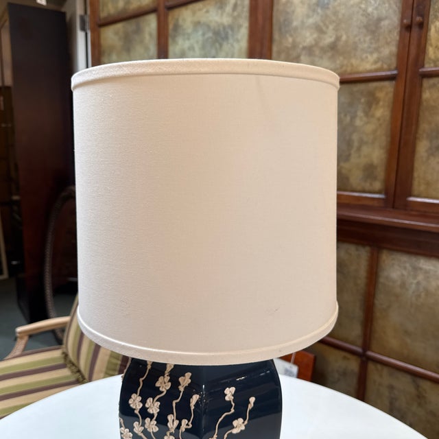 Navy Impasto Table Lamp With Hand Sculpted Floral Relief, Vintage For Sale In San Francisco - Image 6 of 12