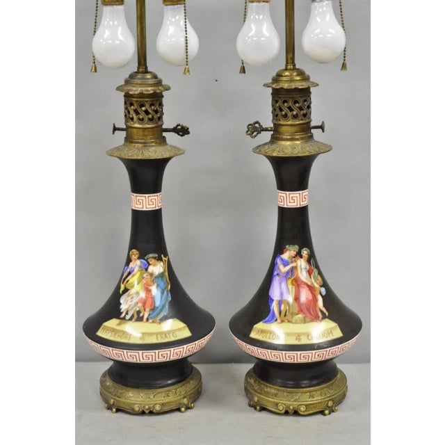 Stunning Antique French Neoclassical Style Bronze Mounted Black Porcelain Hand Painted Table Lamps with Greek Key and...