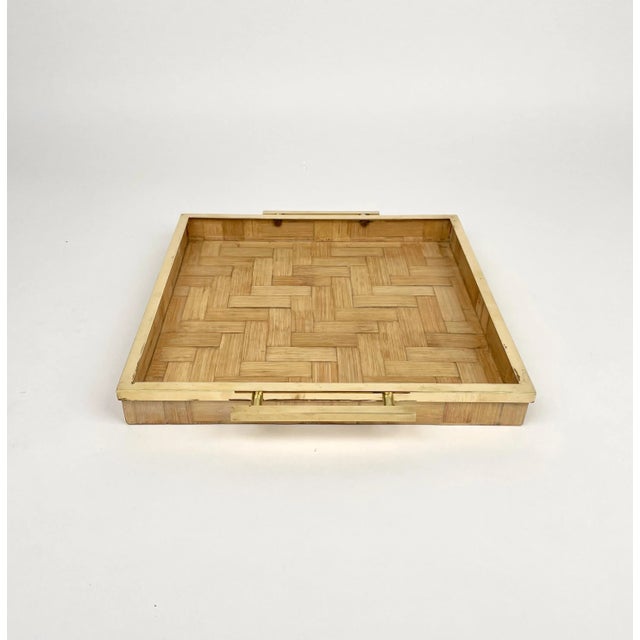 Rattan & Brass Serving Tray by Tommaso Barbi, Italy, 1970s For Sale - Image 6 of 10