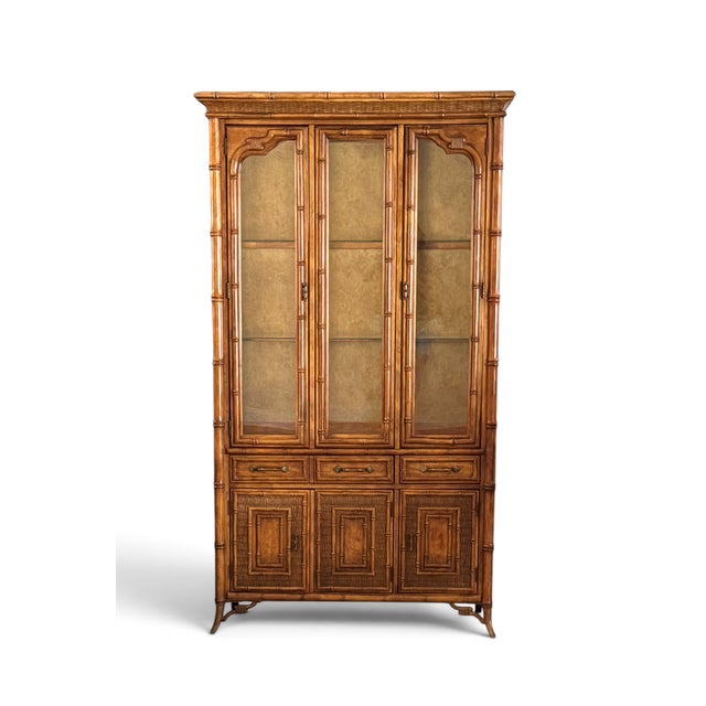 English Stanley Faux Bamboo & Rattan Lighted China Display Cabinet For Sale - Image 3 of 18