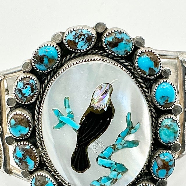 1970s Vintage Southwestern Dine’ Navajo Ben Touchine Turquoise & Sterling Large Cuff Bracelet - 7” For Sale - Image 6 of 11