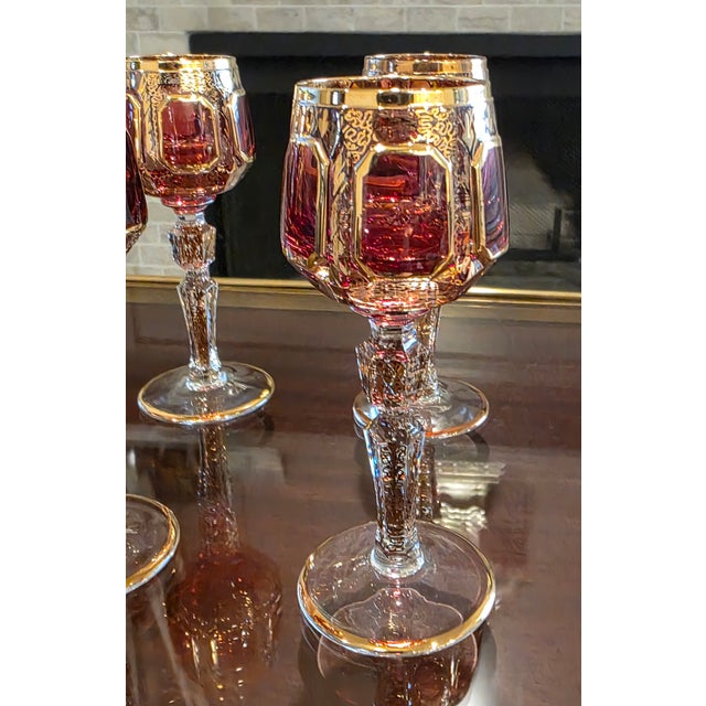 Moser Bohemian Cut to Clear Paneled Cranberry Red Gold Gilt Stemmed Cordial Glasses - Set of 8 For Sale - Image 10 of 18