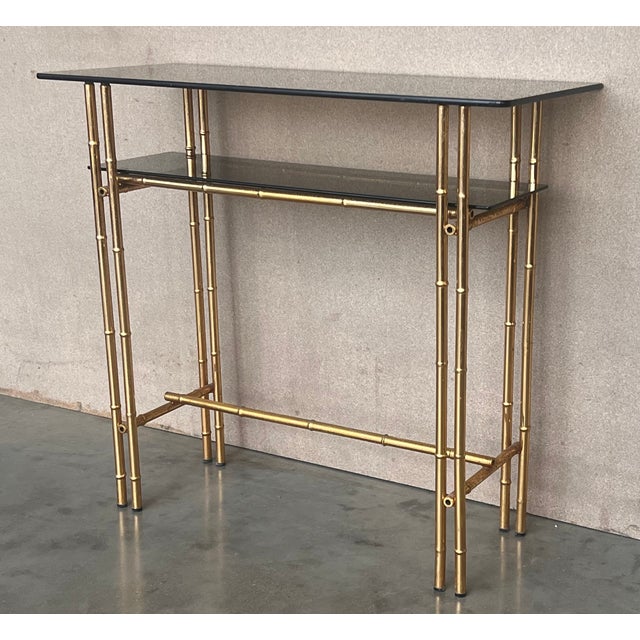 Mid-Century Modern Italian Faux Bamboo Gilt Metal Console With Smoked Glass For Sale - Image 10 of 11