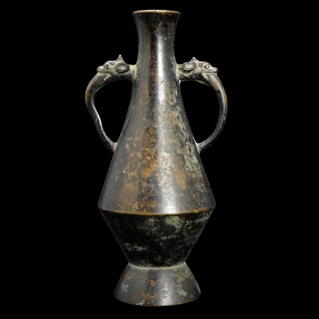 Asian Small Chinese Bronze Scholar Vase With Mask Handles Late Ming/Early Qing Circa 16th C For Sale - Image 3 of 10