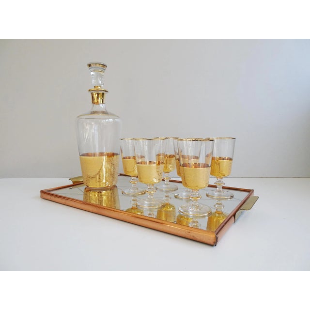 Metal Glass Carafe with Liqueur Glasses and Reflection Tray, 1950s, Set of 8 For Sale - Image 7 of 11