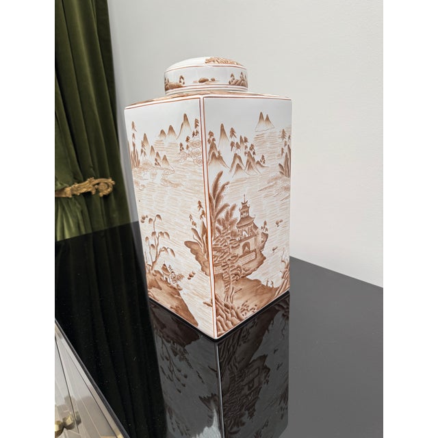 Brown Square Porcelain Ginger Jar in Sepia Tones For Sale - Image 8 of 11