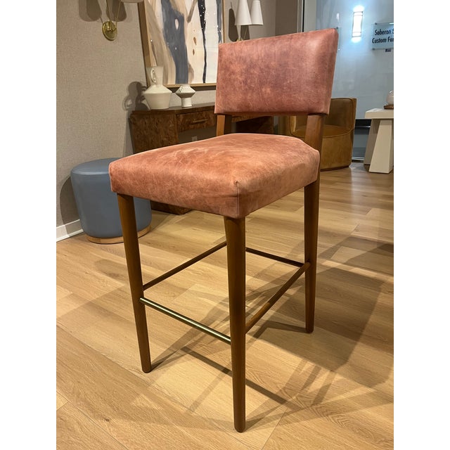 Wood Pair of Leather Barstools For Sale - Image 7 of 7