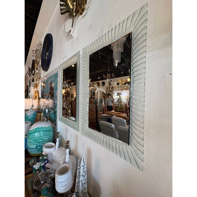 Glass Vintage Pair of Italian Murano Wavy Ruffle Scalloped Glass Wall Mirrors For Sale - Image 7 of 11