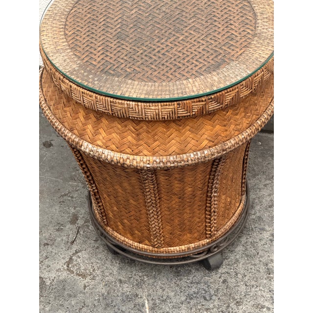 Woven Rattan Drum Side Table + Glass Top, Vintage For Sale - Image 4 of 12
