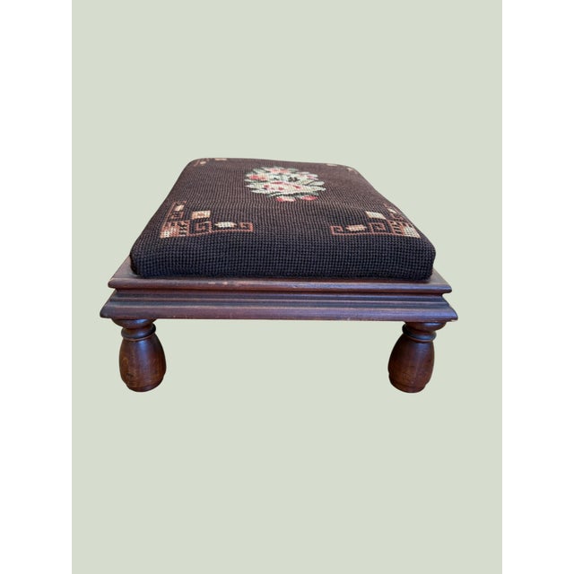 Antique Victorian Embroidered Mahogany Footstool For Sale - Image 4 of 10