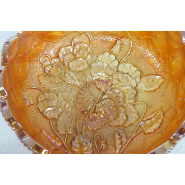 Imperial Marigold Carnival Glass Quilted Pansy Flowers Nappy Candy Dish For Sale In Miami - Image 6 of 12